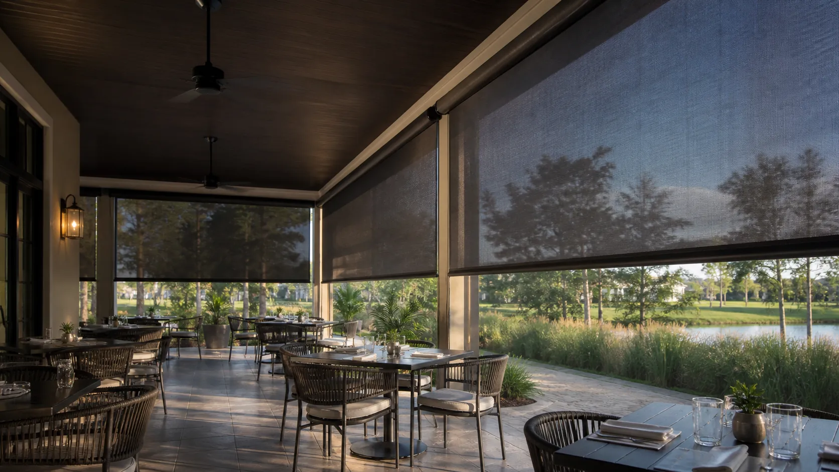 Nocatee restaurant outdoor seating protected by motorized roll screens